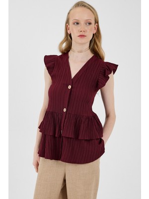 Bordo V Yaka Düğmeli Fırfır Kol Bluz 8052A