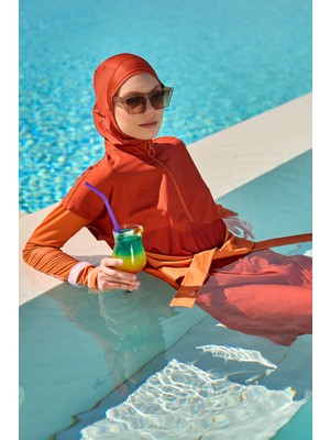 Turuncu Tam Kapalı Mayo Önden Kuşaklı, Sabitlemeli, 4 Parça M2523-2