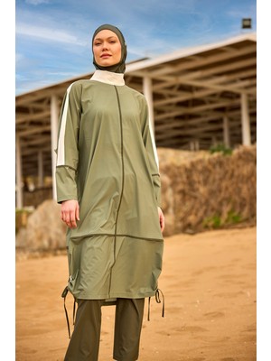 Haki Tam Kapalı Tesettür Mayo – Gizli Fermuarlı, Stoperli, Büzgülü M2521-1