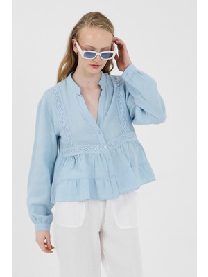 Mavi %100 Pamuk Dantel Detaylı Müslin Gömlek 4823A