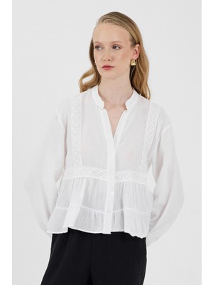 Beyaz %100 Pamuk Dantel Detaylı Müslin Gömlek 4823A