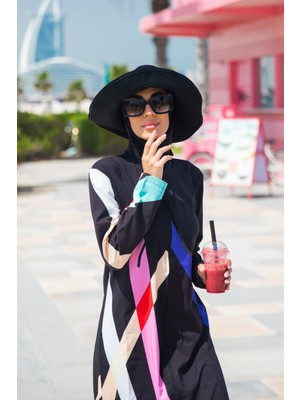 Paraşüt Geometrik Siyah Tam Kapalı Tesettür Mayo M2310