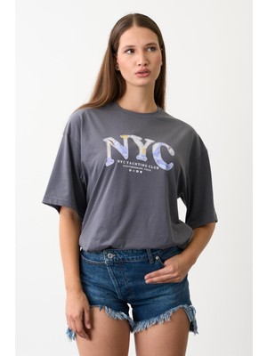 Geniş Kalıp Bisiklet Yaka Baskılı Kısa Kollu T-Shirt
