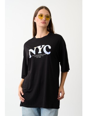 Geniş Kalıp Bisiklet Yaka Baskılı Kısa Kollu T-Shirt