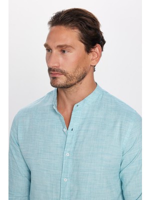 Erkek Slim Fit Dar Kesim Uzun Kollu %100 Pamuk Keten Doku Hakim Yaka Mint Gömlek