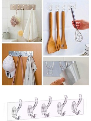 5'li Kendinden Yapışkanlı Güçlü Şeffaf Askılık - Kapı Arkası Mutfak Duvar Banyo