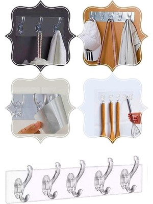 5'li Yapışkanlı Şeffaf Duvar Askısı Banyo Mutfak Düzenleyici Askı Pratik Kanca Askılık