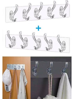 2 Adet Şeffaf Askılık Duvar Askısı 5'li Iz Bırakmayan Güçlü Yapışkanlı Banyo Mutfak Kanca