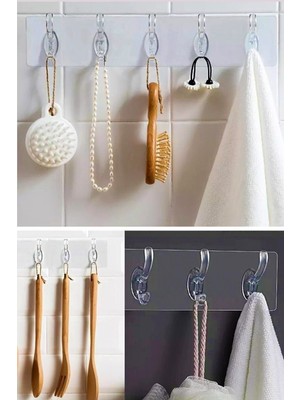 Ufak Tefek Şeyler 5'li Kendinden Yapışkanlı Güçlü Şeffaf Askılık - Kapı Arkası Mutfak Duvar Banyo