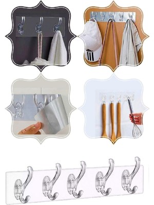 5'li Yapışkanlı Şeffaf Duvar Askısı Banyo Mutfak Düzenleyici Askı Pratik Kanca Askılık