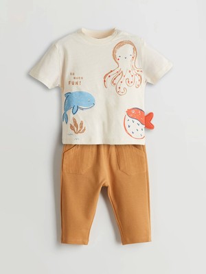 Lcw Baby Bej Baskılı Erkek Bebek Tişört ve Pantolon 2'li