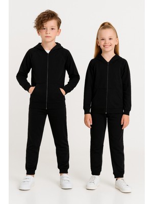 Ahengim Kız - Erkek Çocuk Basic Fermuarlı Okul Eşofman Takımı Siyah Pamuk Kumaş 8 Yaş Konforlu Kullanım