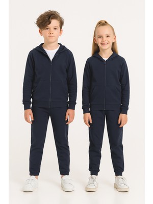 Ahengim Kız - Erkek Çocuk Basic Fermuarlı Okul Eşofman Takımı Lacivert Pamuklu 14 Yaş Rahat Kalıp