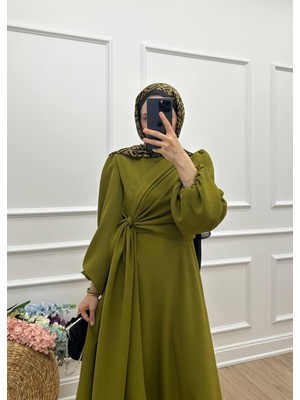 Hülya Balon Kol- Yandan Bağlama Detaylı Krep Kumaş Elbise