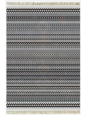 Cotton Kilim 56 Gri Desenli Geleneksel Motifler Modern Dekoratif Saçaklı Yıkanabilen Dokuma Kilim