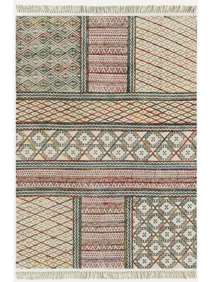 Cotton Kilim 29 Çok Renkli Geleneksel Motif Çizgili Desenli Dekoratif Yıkanabilen Dokuma Taban Kilim