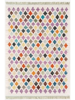 Cotton Kilim 43 Krem Üzerine Geometrik Modern Dekoratif Yıkanabilen Dokuma Kilim