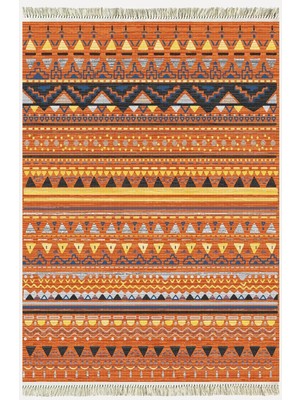 Cotton Kilim 25 Çok Renkli Geleneksel Motif Çizgili Desenli Dekoratif Yıkanabilen Dokuma Taban Kilim