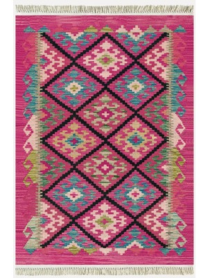 Cotton Kilim 61 Füşya Geleneksel Motifler Modern Dekoratif Saçaklı Yıkanabilen Dokuma Kilim