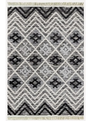 Cotton Kilim 15 Gri Zeminli Çizgili Desenli Dekoratif Yıkanabilen Dokuma Taban Kilim