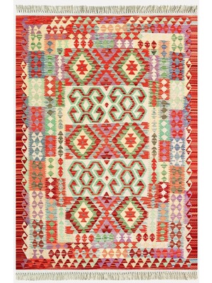 Cotton Kilim 57 Turuncu Geleneksel Motifler Modern Dekoratif Saçaklı Yıkanabilen Dokuma Kilim