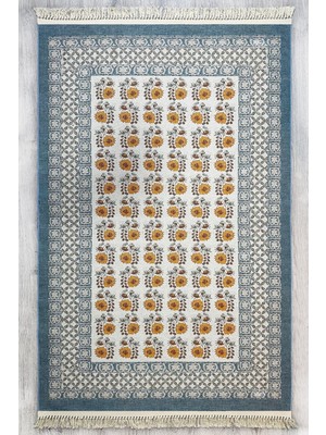 Mavi Dokuma Bohem Kilim Etnik Çiçekli Motif Desen Li Vintage Kilim Yıkanabilir Cotton Kilim 3724