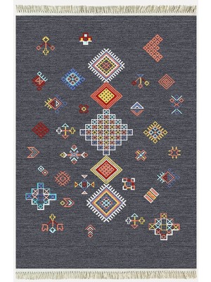 Cotton Kilim 54 Füme Zemin Geleneksel Motifler Modern Dekoratif Saçaklı Yıkanabilen Dokuma Kilim