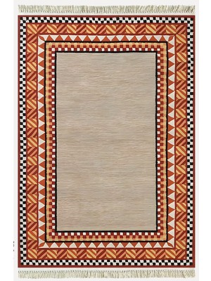Cotton Kilim 20 Turuncu Zeminli Çizgili Desenli Dekoratif Yıkanabilen Dokuma Taban Kilim