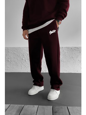 Stwd Baskılı Baggy Bordo Yazlık 3 Iplik Bol Kesim Düz Paça Mevsimlik Eşofman Altı RF0541