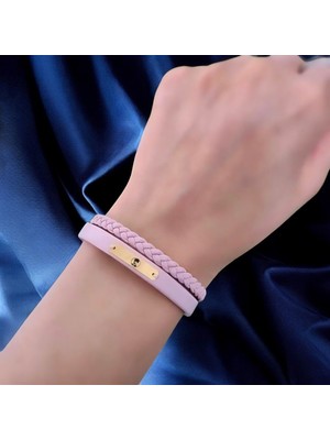 14 Ayar Altın Plakalı Atatürk Temalı Dikdörtgen Figürlü Pembe Derili Hediye BILEKLIK-613SEMBOL