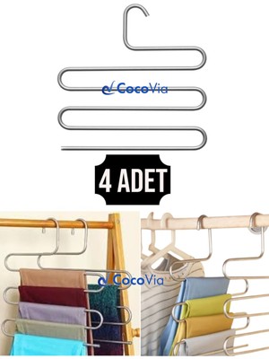 ( 4 Adet ) Pratik 5 Katlı Pantolon Askısı-Pantolon Eşarp Şal Giysi Askısı-Dolap Içi Düzenleyici Askı