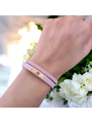 14 Ayar Plakalı Altın Şans Temalı Pembe Derili Dikdörtgen Figürlü Hediye BILEKLIK-613SEMBOL