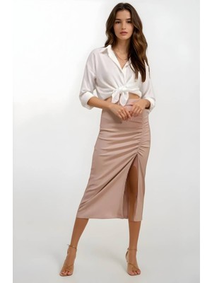 Hazelin Kadın Bej Yırtmaçlı Uzun Etek HZL22S-BD118801