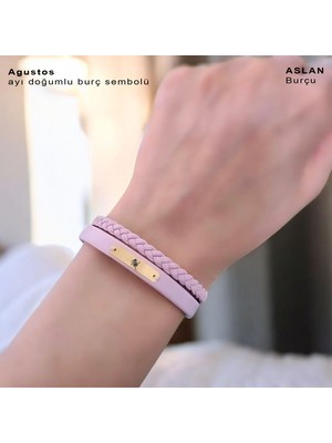 Archin Aslan Burçları Için 14 Ayar Altın Plakalı Pembe Derili Dikdörtgen Figürlü Hediye BILEKLIK-613BURÇ