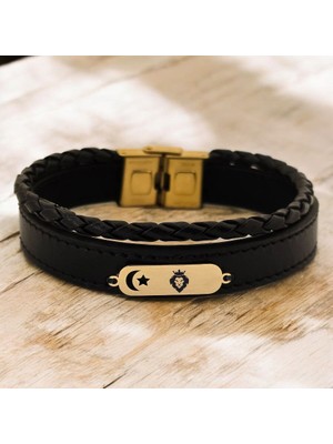 Archin Kral Aslan Temalı Ay Yıldız Motifli 14 Ayar Altın Plakalı Siyah Derili Hediye BILEKLIK-612SEMBOL