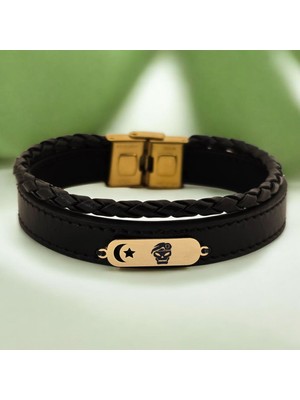Archin Asker Kafatası Temalı 14 Ayar Altın Plakalı Siyah Derili Ay Yıldız Motifli Hediye BILEKLIK-612SEMBOL