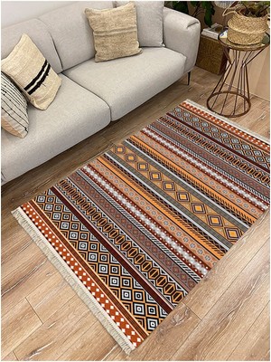 Cotton Serisi Hardal ve Natural Tonlarında Geometrik Eskitme Desen Dekoratif Dokuma Taban Kilim