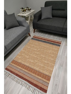 Cotton Serisi Kahve ve Gri Tonlarında Bordürlü Eskitme Desenli Dekoratif Dokuma Taban Kilim