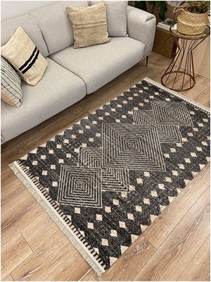 Cotton Serisi Hasır Görünümlü Iç Içe Kareler Eskitme Etnik Desen Dekoratif Dokuma Taban Kilim