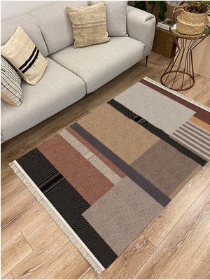 Cotton Serisi Kahve Tonlarında Geometrik Tüylü Görünümlü Modern Desen Dekoratif Dokuma Taban Kilim