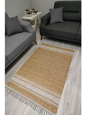 Cotton Serisi Kahve Taban Üstü Beyaz Çizgili Hasır Görünümlü Desen, Dekoratif Dokuma Taban Kilim