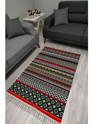 Cotton Serisi Multy Tonlarında Eskitme Etnik Geometrik Otantik Desenli Dekoratif Dokuma Taban Kilim