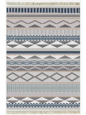 Cotton Serisi Hasır Görünümlü Gri Tonlarında Eskitme Etnik Desen Dekoratif Dokuma Taban Kilim
