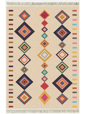 Cotton Serisi Krem Tonunda Bordürlü Desen Dekoratif Dokuma Taban Kilim