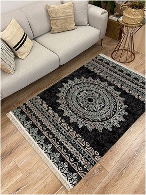 Cotton Serisi Siyah Krem Antika Eskitme Desen Dekoratif Dokuma Taban Kilim