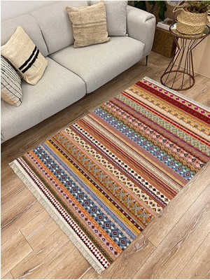 Cotton Serisi Multy Tonlarında Antika Esitme Desenli Dekoratif Dokuma Taban Kilim