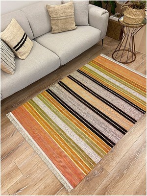 Cotton Serisi Hasır Görünümlü Yeşil ve Hardal Tonlarında Etnik Desenli Dekoratif Dokuma Taban Kilim
