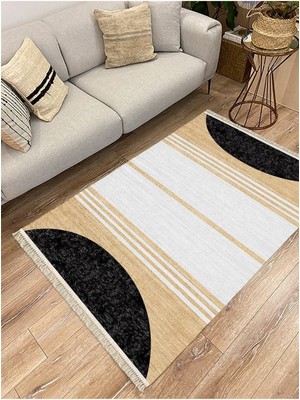 Cotton Serisi Hasır Görünümlü Siyah Beyaz Modern Desen Dekoratif Dokuma Taban Kilim