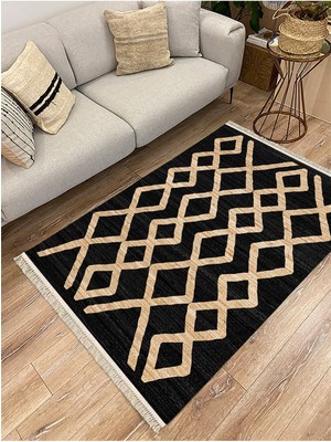 Cotton Serisi Siyah ve Hasır Görünümlü Otantik Etnik Desenli Dekoratif Dokuma Taban Kilim