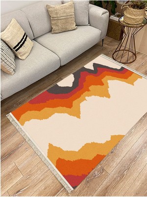 Cotton Serisi Kırmızı Tonlarında Alevli Modern Desen Dekoratif Dokuma Taban Kilim